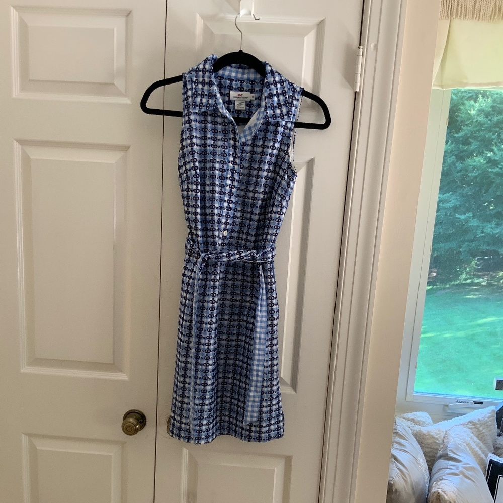 Vineyard Vines Ripple Eyelet Lace Gingham Dress sz 00 Blue/White